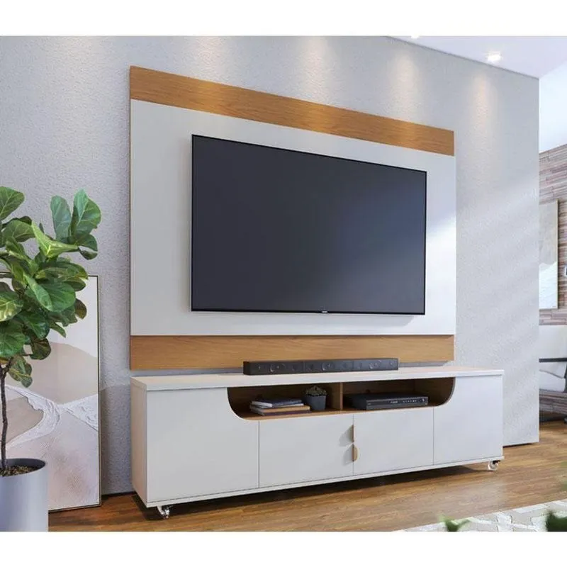 Rack Bancada Ambiente Santorini Com Painel Para Tv Suspenso Nilo Off White Matte Freijó - Colibri