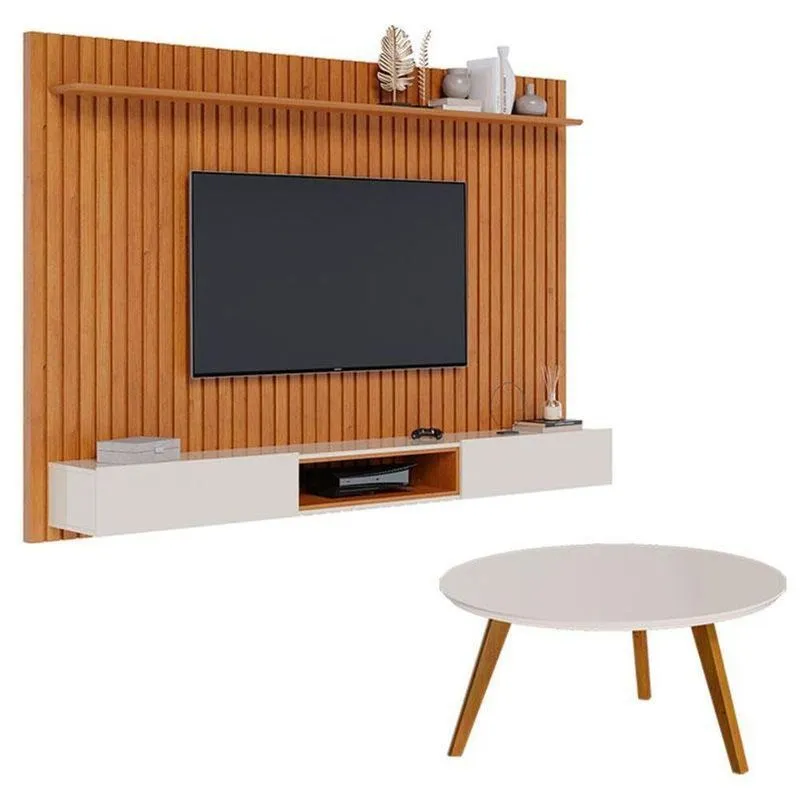 Painel Suspenso Loft 2.2 Com Mesa De Centro Classic Redonda Nature Off White - Imcal