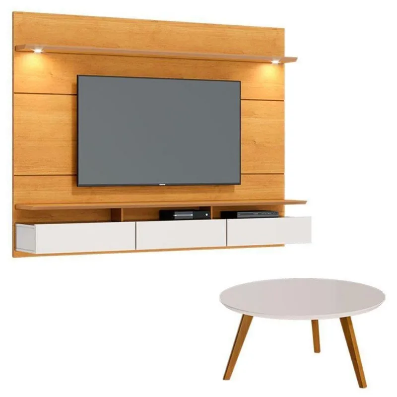 Painel Suspenso Decore 1.8 Com Mesa De Centro Classic Redonda Nature Off White - Imcal