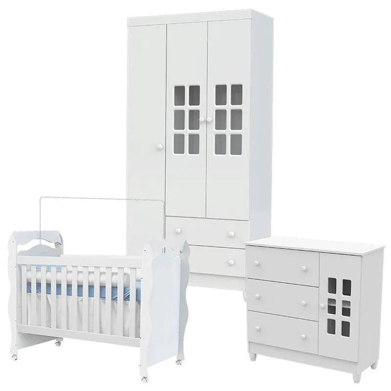 Quarto De Bebê Mariah 3 Portas Com Berço New Nanda Branco Brilho - Carolina