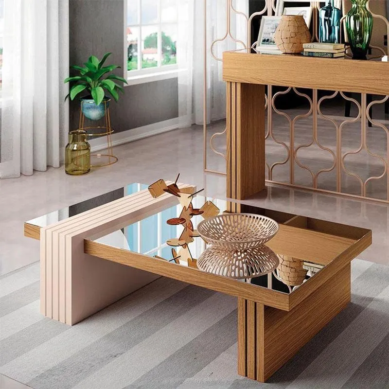 Mesa De Centro Ambiente Luna Freijó Off White Com Espelho - Hb Móveis