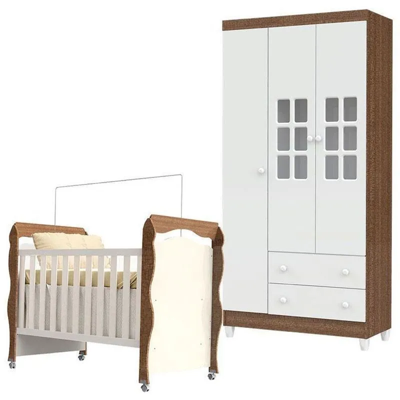 Berço Americano New Nanda E Guarda Roupa Mariah 3 Portas Branco Acetinado Amadeirado – Carolina
