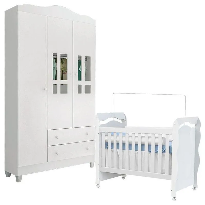 Berço Americano New Nanda E Guarda Roupa Infantil Ariel 3 Portas Branco Brilho - Carolina