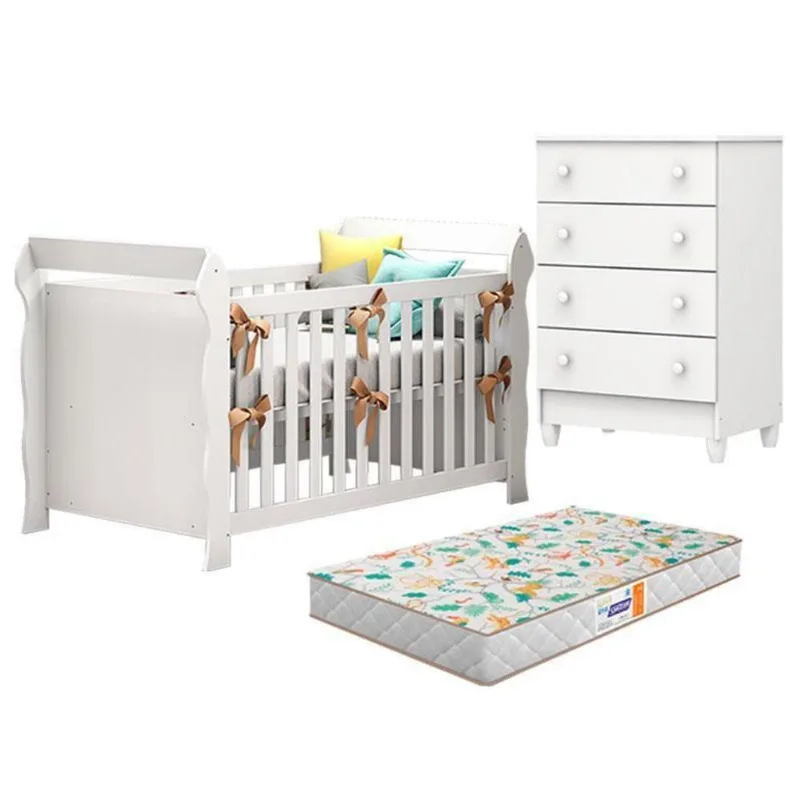 Berço Americano Lara E Cômoda Gaveteiro Mel Flat Branco Brilho Com Colchão Gazin – Carolina