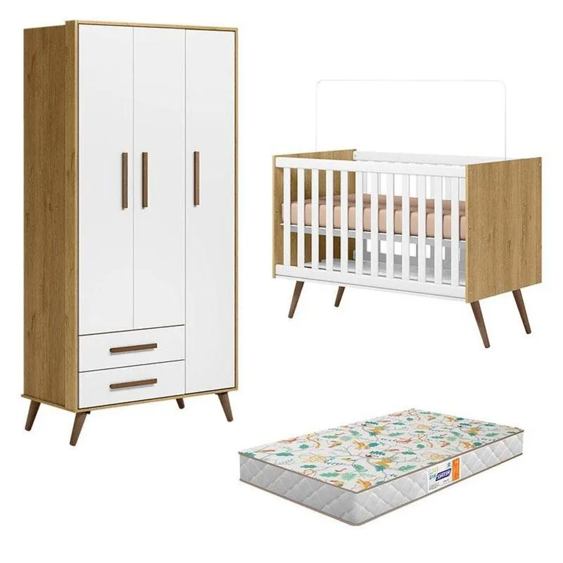 Berço Americano 3820 E Guarda Roupa 3830 Q Encanto Retrô Freijó Toq Branco Acetinado Com Colchão Gazin- Qmovi