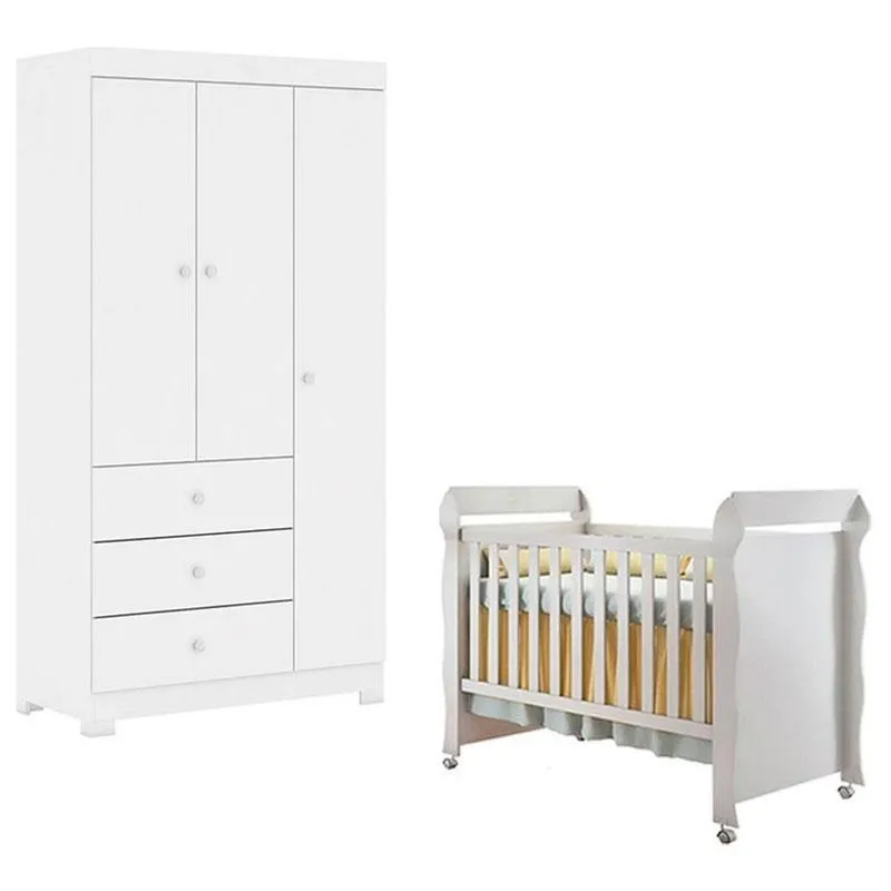 Berço Americano Mirelle Com Guarda Roupa 3 Portas Duda Branco Brilho - Phoenix Baby