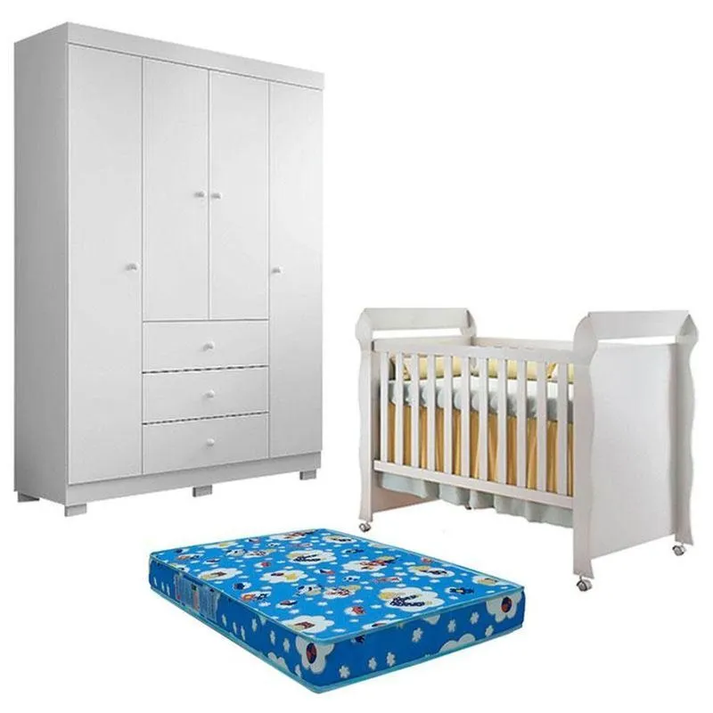 Berço Americano Mirelle E Guarda Roupa 4 Portas Duda Branco Brilho Com Colchão Ortobom - Phoenix Baby