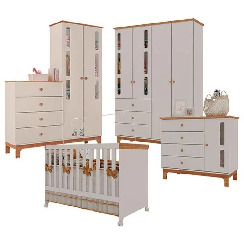 Quarto De Bebê 4 Portas Com Cômoda Antonella Off White Caramelo - Canaã