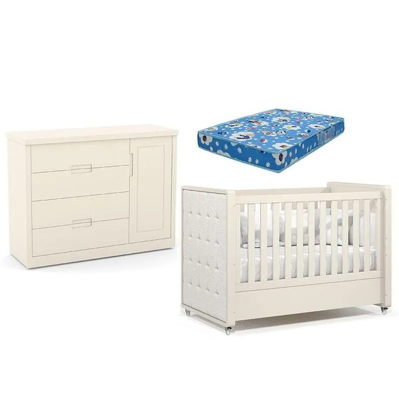 Berço Americano com Cômoda e Colchão Tutto New 1 Porta 4 Gavetas MDF 140cm Off White Matic Móveis