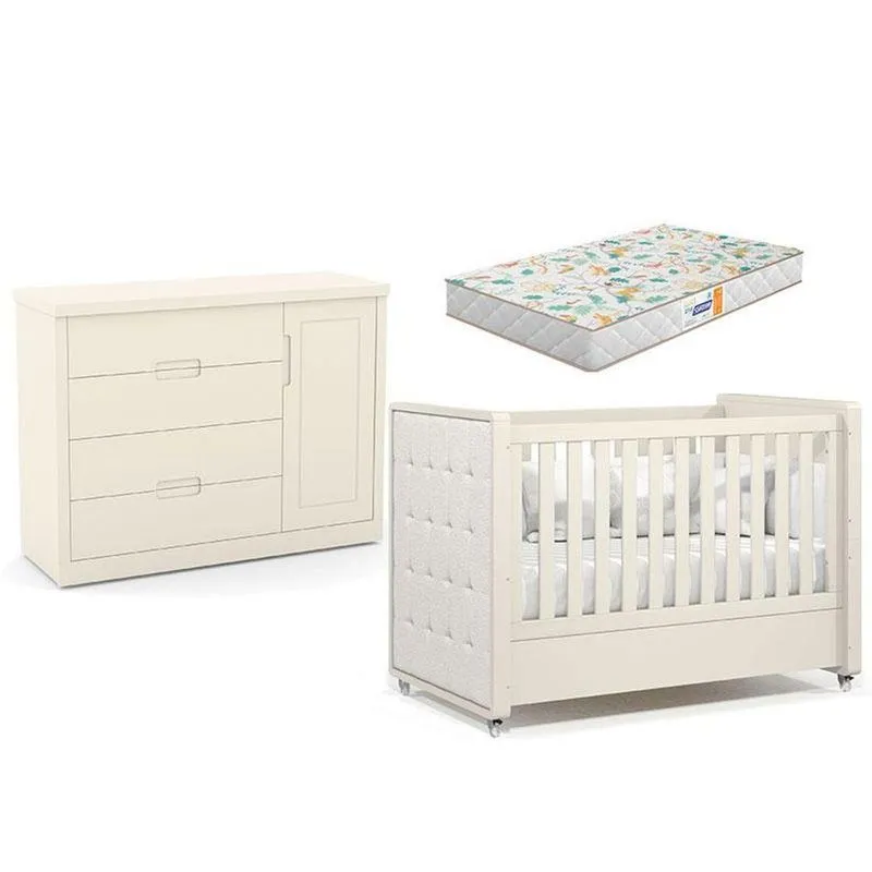 Berço Americano Com Capitonê New Boucle E Cômoda Infantil Tutto New Off White E Colchão Gazin - Matic