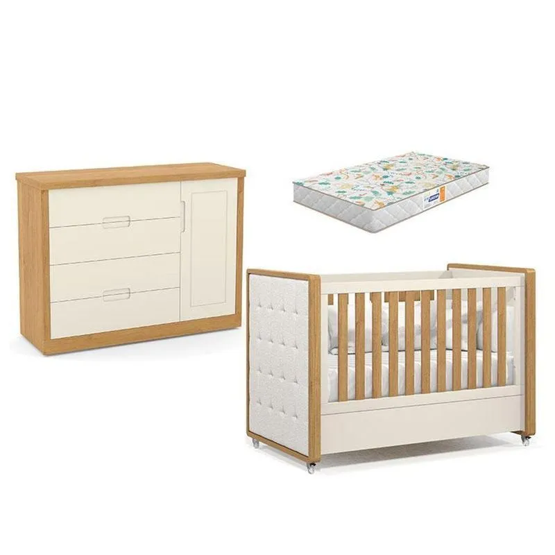 Berço Americano Com Capitonê New Boucle E Cômoda Infantil Tutto New Freijó Off White E Colchão Gazin - Matic