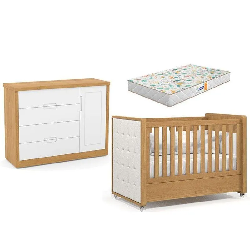 Berço Americano Capitonê New Boucle E Cômoda Infantil Tutto New Freijó E Colchão - Matic