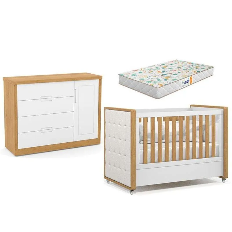 Berço Americano Capitonê New Boucle E Cômoda Infantil Tutto New Freijó Branco Acetinado E Colchão