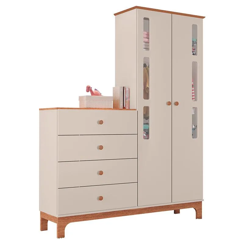 Quarto de Bebê 4 Portas com Cômoda e Berço com Gaveta Antonella Off White Caramelo com Colchão Gazin - Canaã