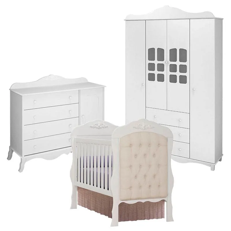 Berço Americano com Capitonê e Cômoda Infantil Realeza com Guarda Roupa Infantil Imperial 4 Portas Branco Acetinado - Canaã