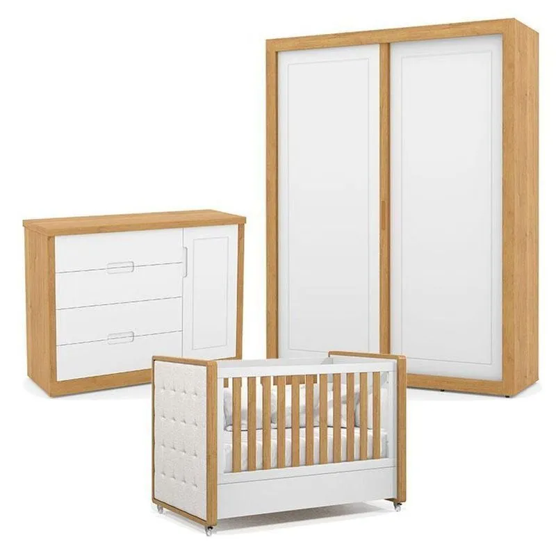 Quarto De Bebe 2 Portas Tutto New Freijó Branco Acetinado Com Capitonê New Boucle - Matic