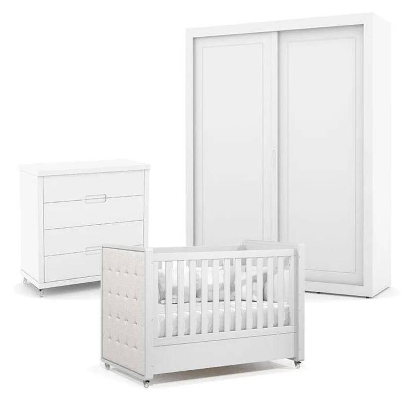 Quarto De Bebe 2 Portas Tutto New Com Capitonê New Boucle E Gaveteiro Branco Acetinado - Matic