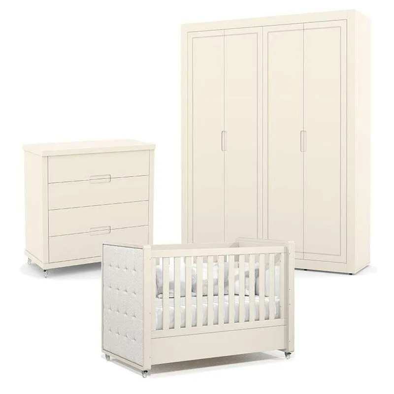 Quarto De Bebe 4 Portas Tutto New Com Capitonê New Boucle E Gaveteiro Off White - Matic