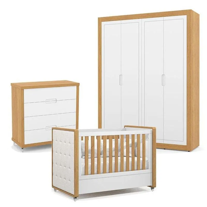 Quarto De Bebe 4 Portas Tutto New Com Capitonê New Boucle E Gaveteiro Freijó Branco Acetinado - Matic