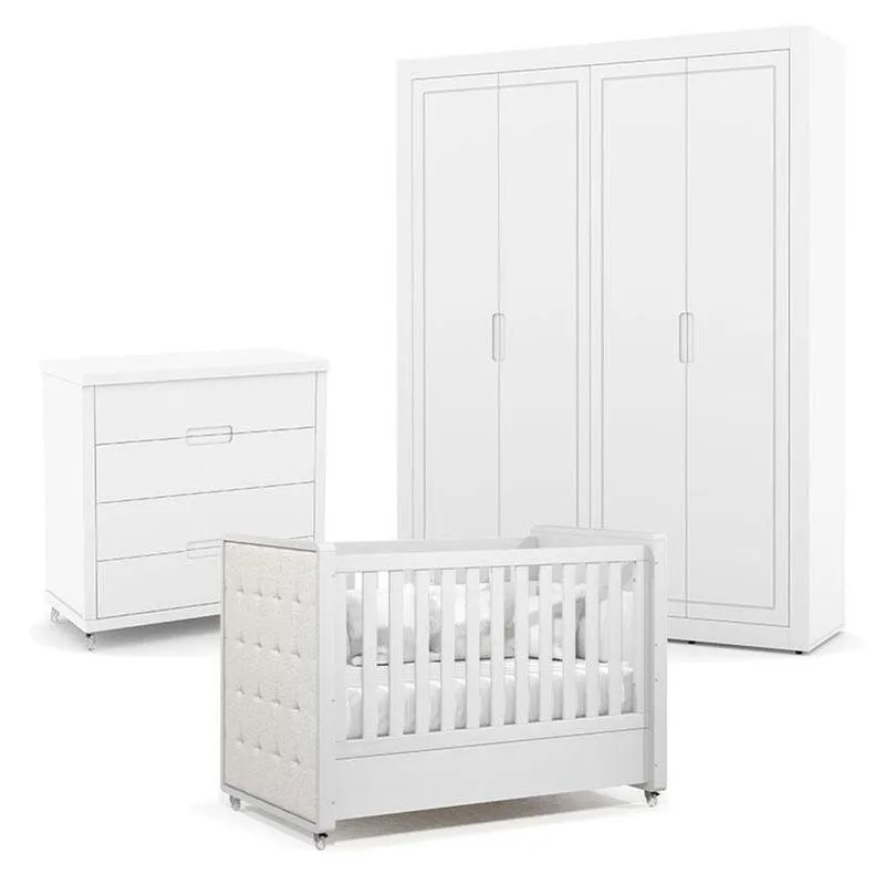 Quarto De Bebe 4 Portas Tutto New Com Capitonê New Boucle E Gaveteiro Branco Acetinado - Matic