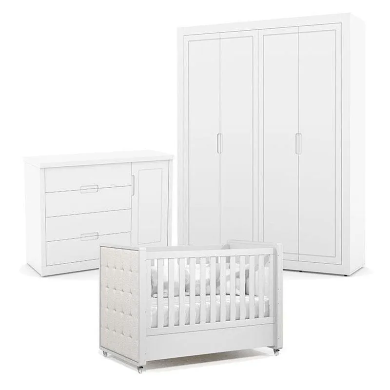Quarto De Bebe 4 Portas Tutto New Branco Acetinado Com Capitonê New Boucle - Matic