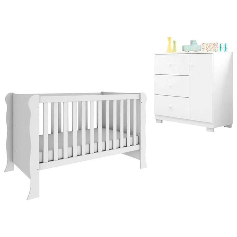 Berço Americano Mini Cama Ariel Com Cômoda Infantil Duda Branco Brilho - Phoenix Baby