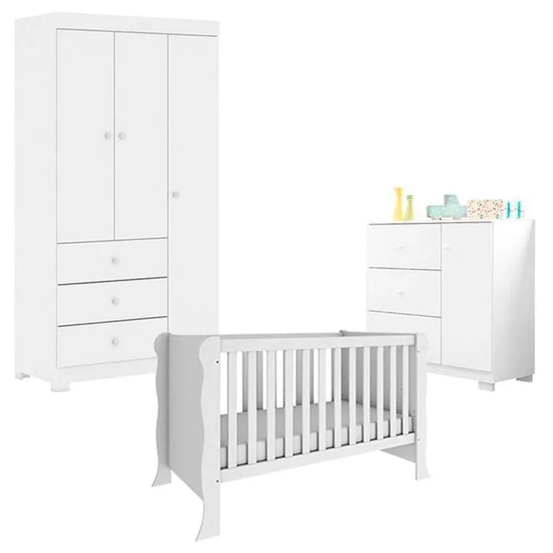 Quarto De Bebê Duda 3 Portas Com Berço Americano Mini Cama Ariel Branco Brilho - Phoenix Baby