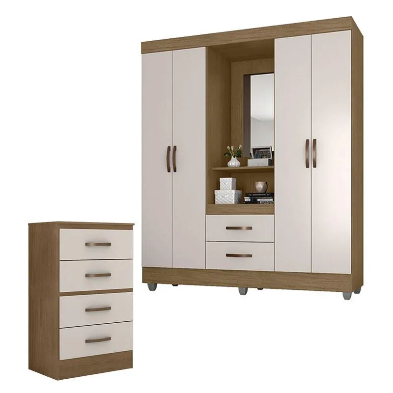 Guarda Roupa Casal Capela e Cômoda 4 Gavetas Lite Nature Off White – Móveis Leão