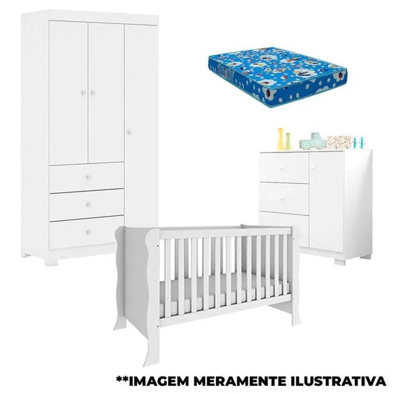 Quarto De Bebê Duda 3 Portas E Berço Americano Mini Cama Ariel Branco Brilho Com Colchão