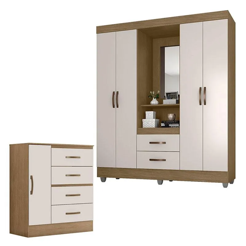 Guarda Roupa Casal Capela e Cômoda 4 Gavetas 01 Porta Lite Nature Off White – Móveis Leão