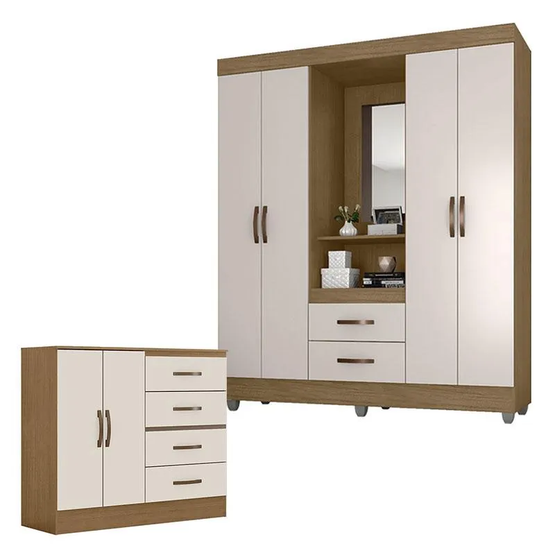 Guarda Roupa Casal Capela e Cômoda 4 Gavetas 2 Portas Lite Nature Off White – Móveis Leão