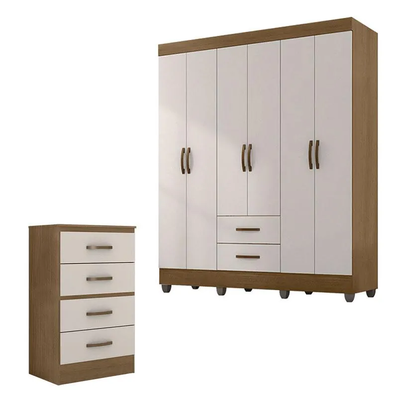 Guarda Roupa Casal 6 Portas e Cômoda 4 Gavetas Lite Nature Off White – Móveis Leão