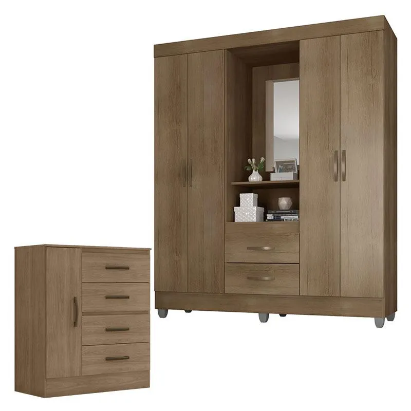 Guarda Roupa Casal Capela e Cômoda 4 Gavetas 01 Porta Lite Carvalho Oak – Móveis Leão