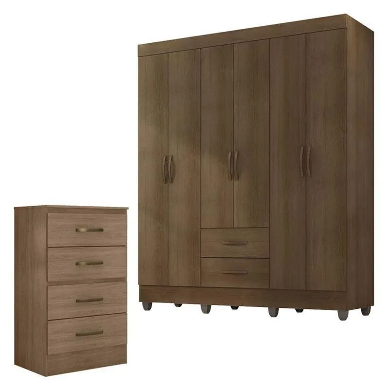 Guarda Roupa Casal 6 Portas E Cômoda 4 Gavetas Lite Carvalho Oak - Móveis Leão