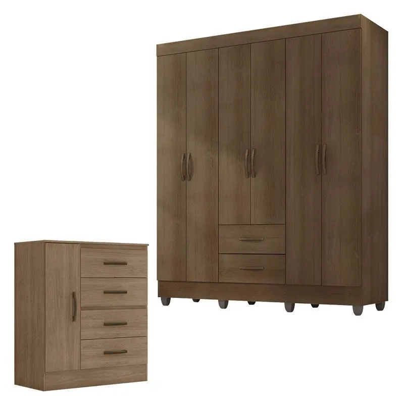 Guarda Roupa Casal 6 Portas e Cômoda 4 Gavetas 01 Porta Lite Carvalho Oak – Móveis Leão