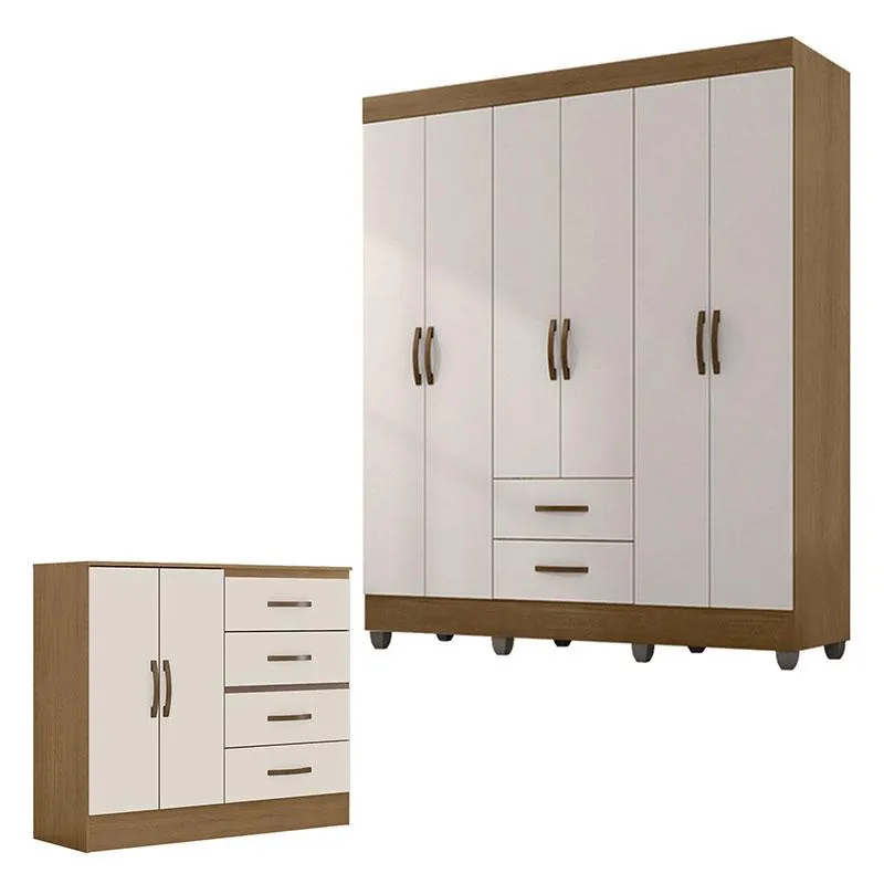 Guarda Roupa Casal 6 Portas e Cômoda 4 Gavetas 2 Portas Lite Nature Off White – Móveis Leão