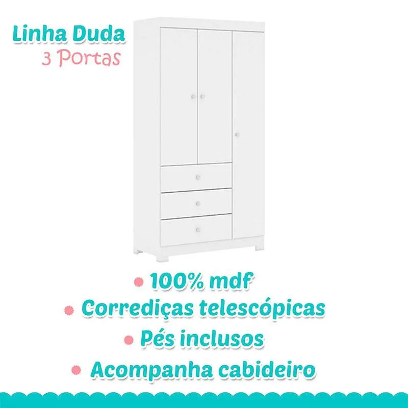 Berço Americano Lara com Guarda Roupa Duda 3 Portas Branco Brilho – Phoenix Baby