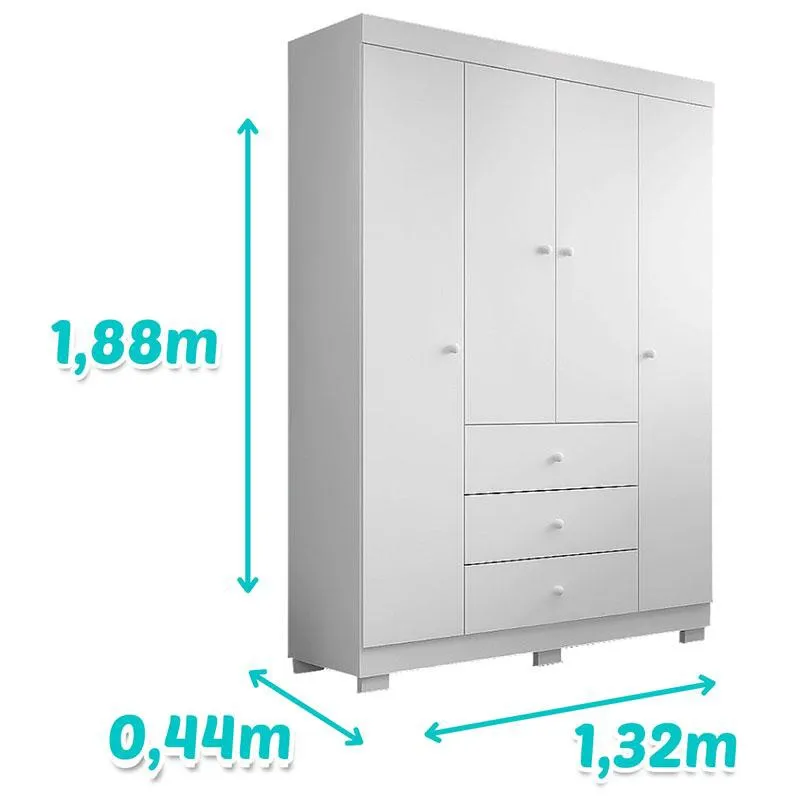 Berço Americano Lara e Guarda Roupa Duda 4 Portas Branco Brilho com Colchão – Phoenix Baby
