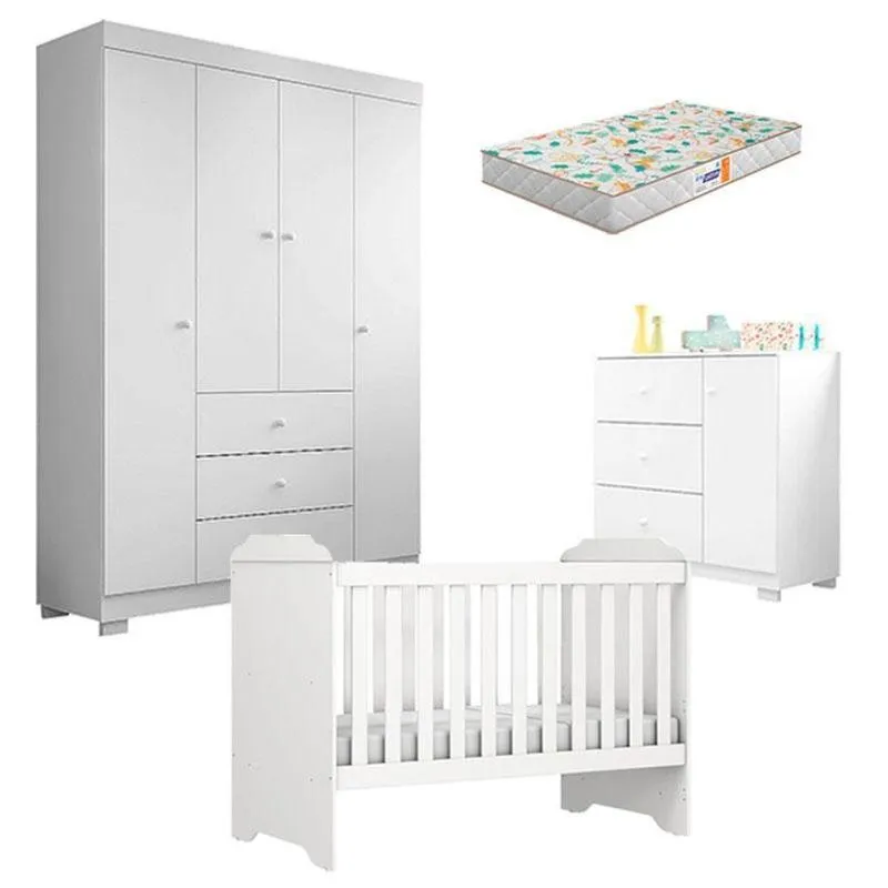 Quarto De Bebê Duda 4 Portas E Berço Americano Mini Cama Mel Branco Brilho Com Colchão Gazin
