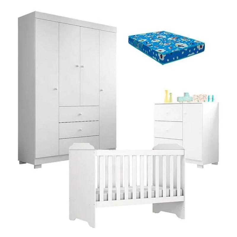 Quarto De Bebê Duda 4 Portas E Berço Americano Mini Cama Mel Branco Brilho Com Colchão Ortobom