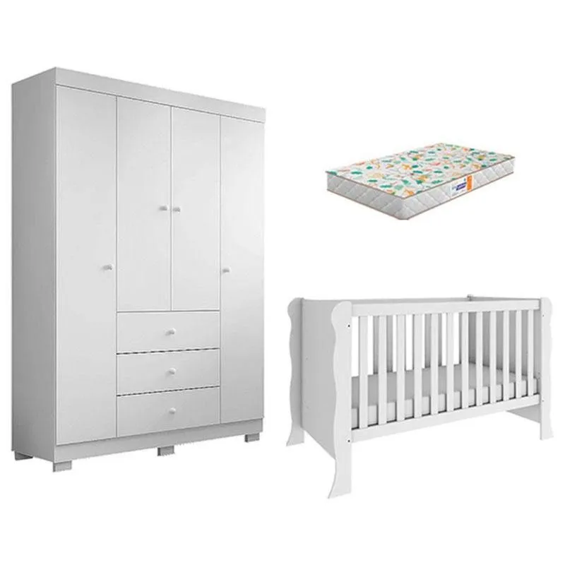 Berço Americano Mini Cama Ariel E Guarda Roupa Duda 4 Portas Branco Brilho Com Colchão Gazin