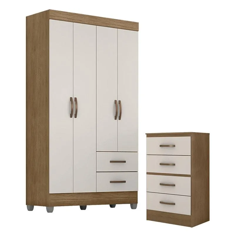 Guarda Roupa Solteiro 4 Portas e Cômoda 4 Gavetas Lite Nature Off White – Móveis Leão