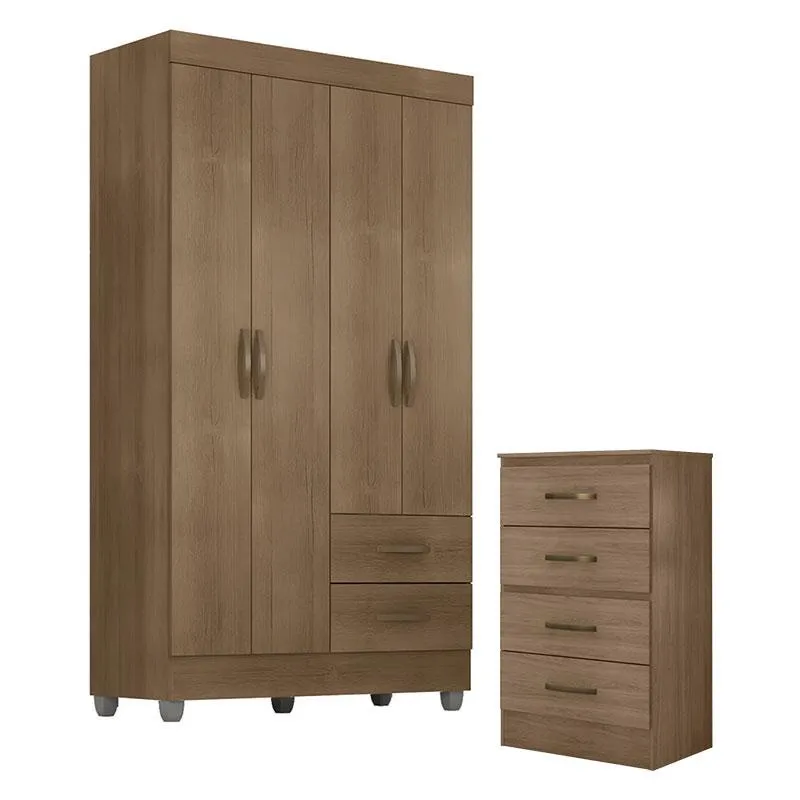 Guarda Roupa Solteiro 4 Portas e Cômoda 4 Gavetas Lite Carvalho Oak – Móveis Leão