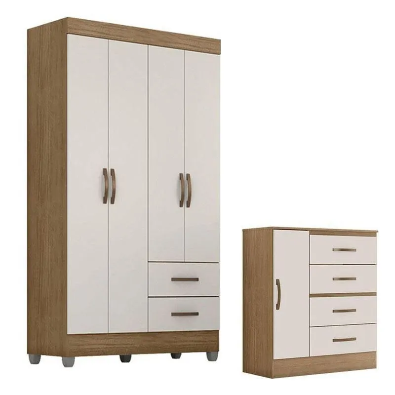 Guarda Roupa Solteiro 4 Portas E Cômoda 4 Gavetas E 1 Porta Lite Nature Off White – Móveis Leão