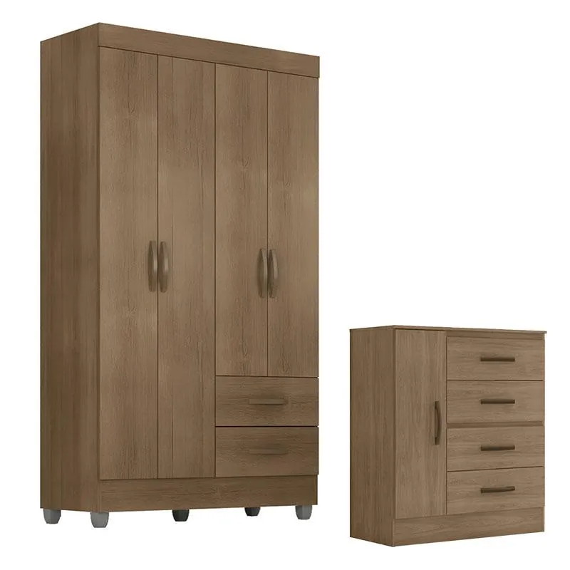 Guarda Roupa Solteiro 4 Portas e Cômoda 4 Gavetas e 1 Porta Lite Carvalho Oak – Móveis Leão