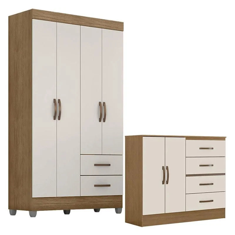 Guarda Roupa Solteiro 4 Portas e Cômoda 4 Gavetas e 2 Portas Lite Nature Off White – Móveis Leão