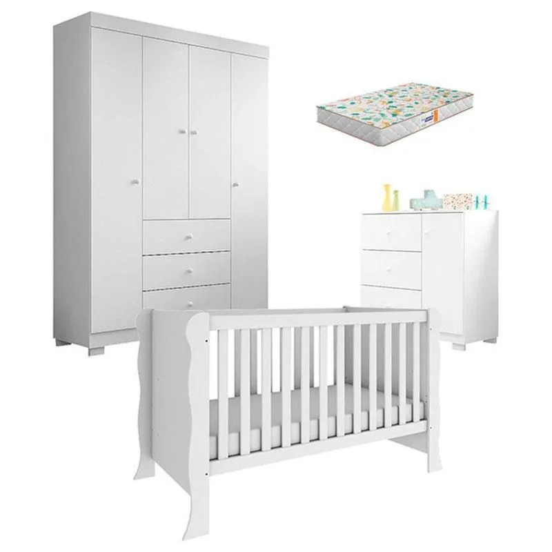 Quarto De Bebê Duda 4 Portas Com Berço Americano Mini Cama Ariel Branco Brilho Com Colchão Gazin