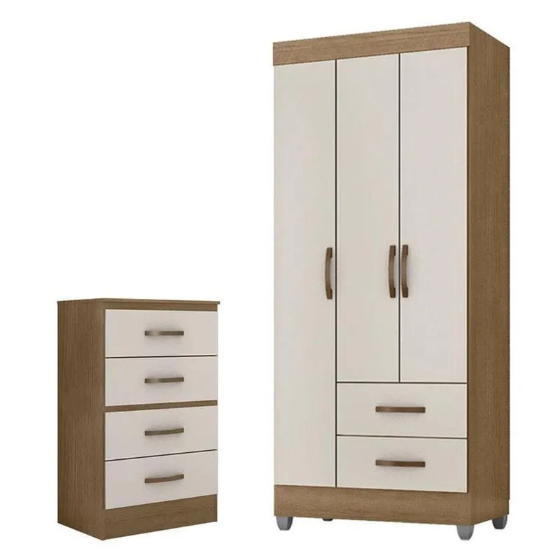 Guarda Roupa Solteiro 3 Portas E Cômoda 4 Gavetas Lite Nature Off White - Móveis Leão