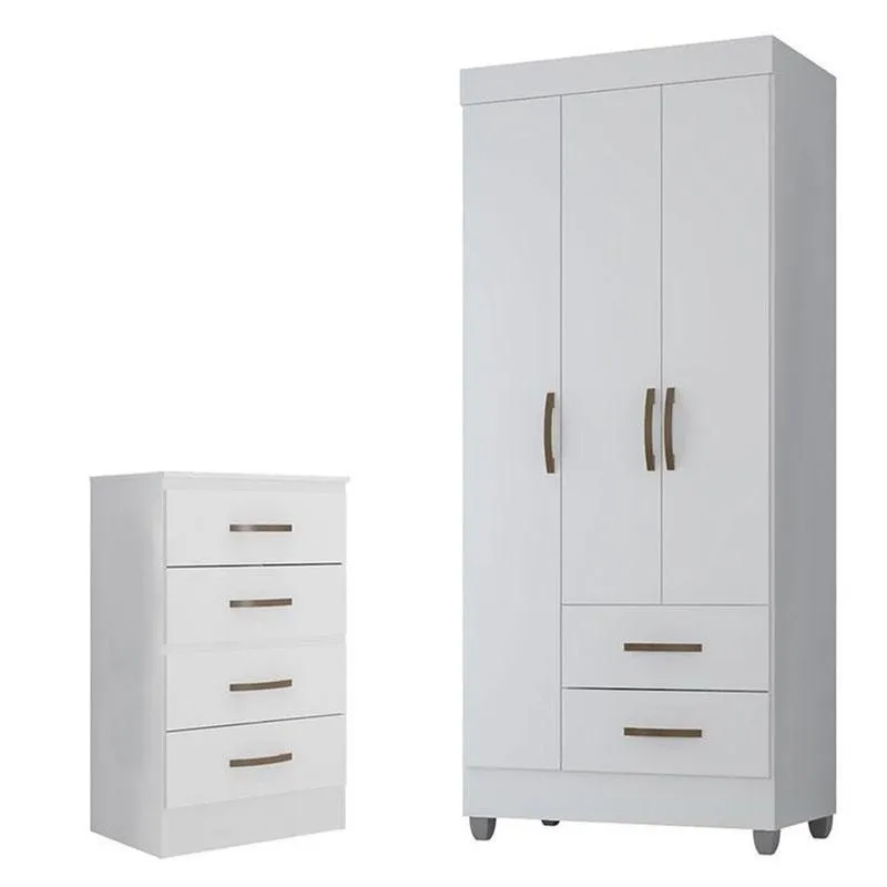 Guarda Roupa Solteiro 3 Portas E Cômoda 4 Gavetas Lite Branco Brilho - Móveis Leão
