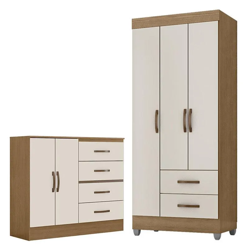 Guarda Roupa Solteiro 3 Portas e Cômoda 4 Gavetas e 2 Portas Lite Nature Off White – Móveis Leão